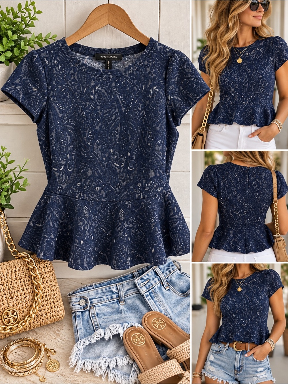 BCBGMaxAzria Navy Short-Sleeve Peplum Lace-Pattern Top